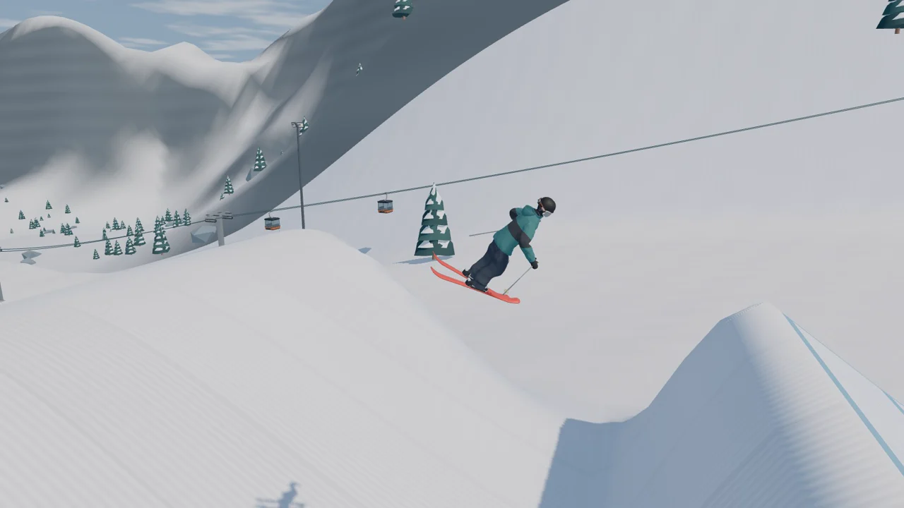 Cork7 in its own window on a Mac: a rider in the air over the Big Air landing, the gondola and mountains behind