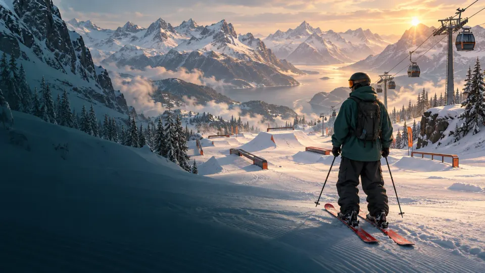 Cork7 concept artwork: a skier overlooking a mountain snowpark and gondola above a fjord