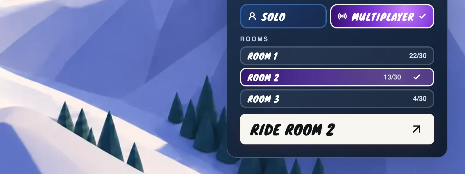 The park map in Multiplayer: under ROOMS, ROOM 1 with 22 of 30 riders, ROOM 2 with 13 of 30 picked with a tick, and ROOM 3 with 4 of 30, above a big RIDE ROOM 2 button; snowy slopes and pine trees to the left